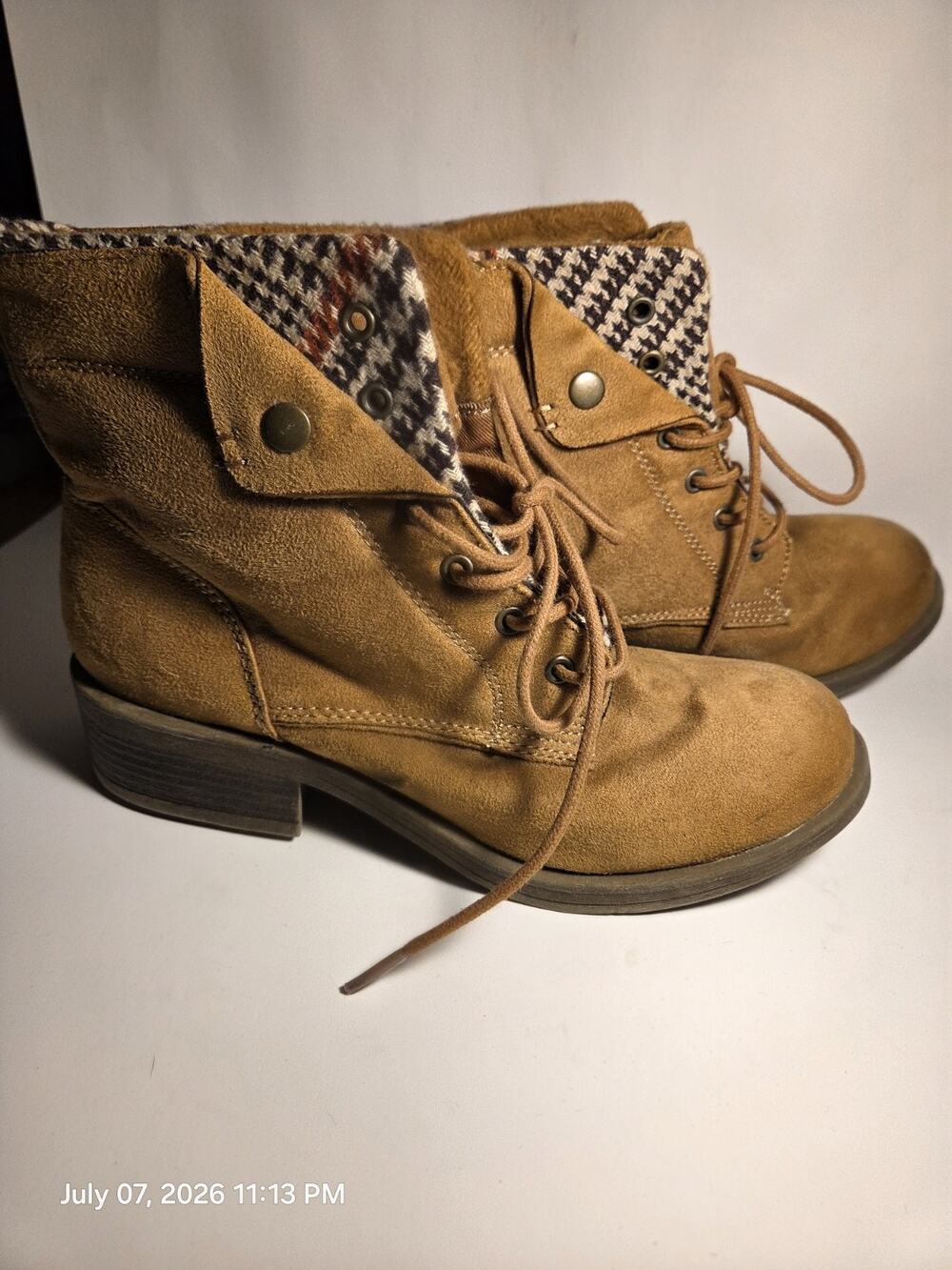 Rock & Candy Suede Ankle Bootie Lace-Up Houndstooth Cuff Brown 8.5